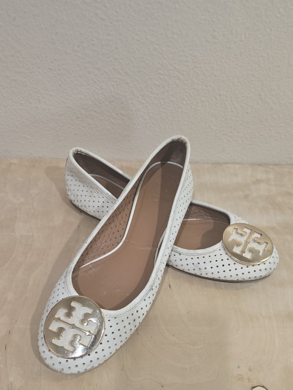Tory Burch White Perforated Leather Logo Medallion Flats